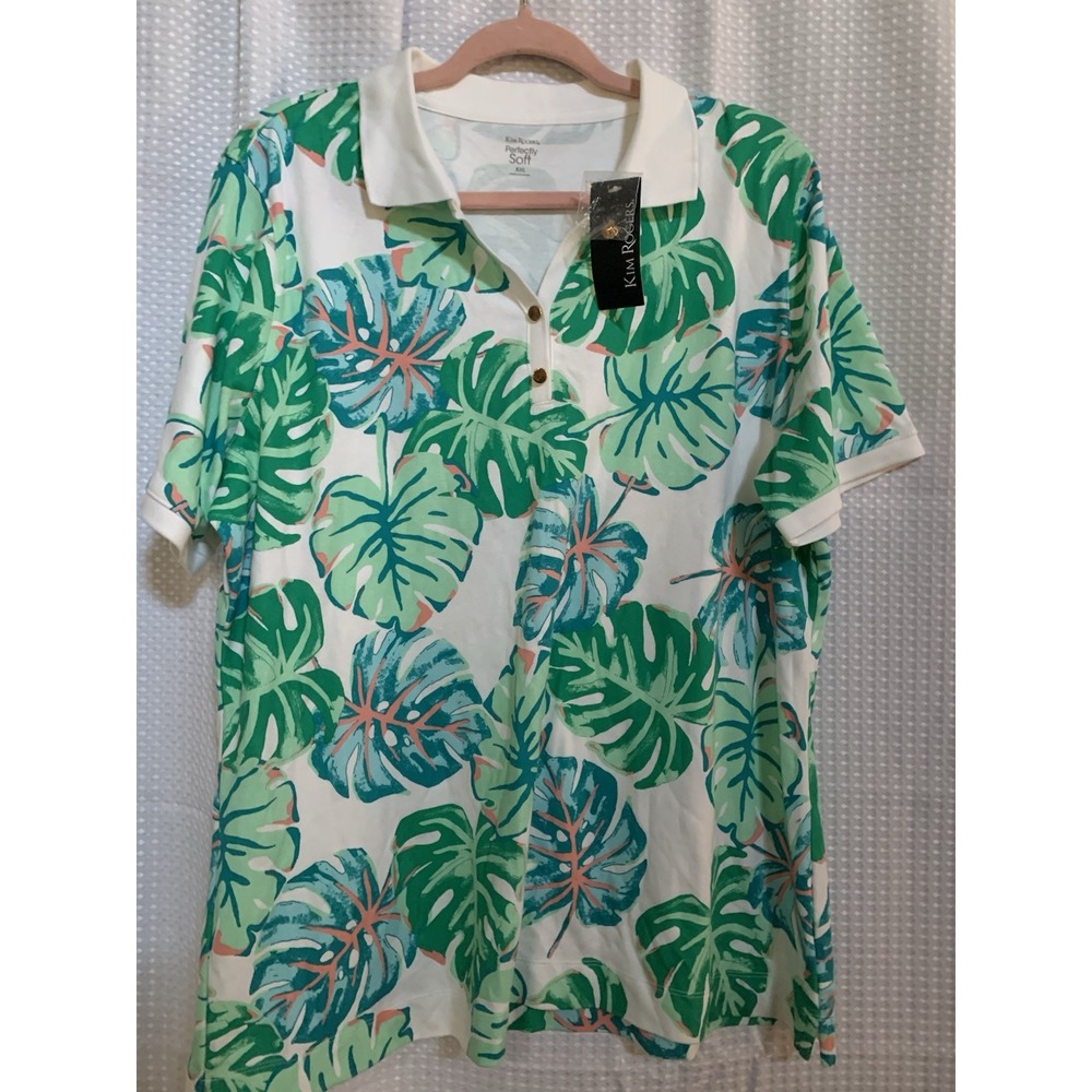 Kim Rogers Perfectly Soft 2 Xl Green Floral Polo